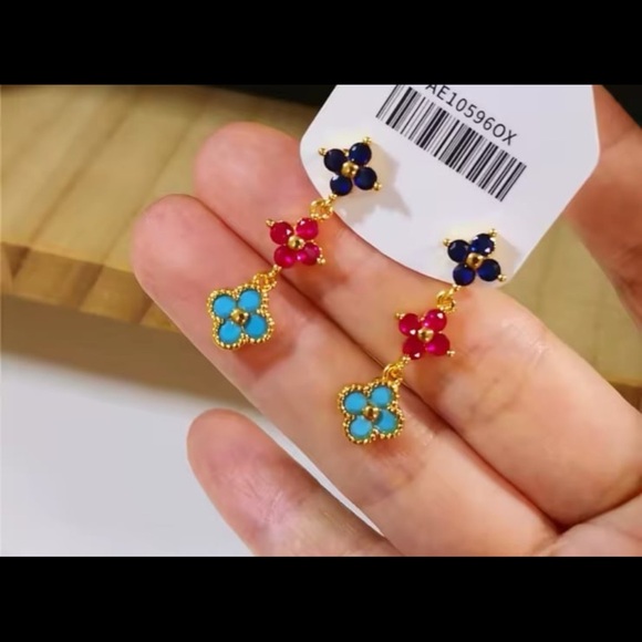 14kt gold plated clover multicolor ruby turquoise sapphire crystal earrings#338 - Picture 5 of 12
